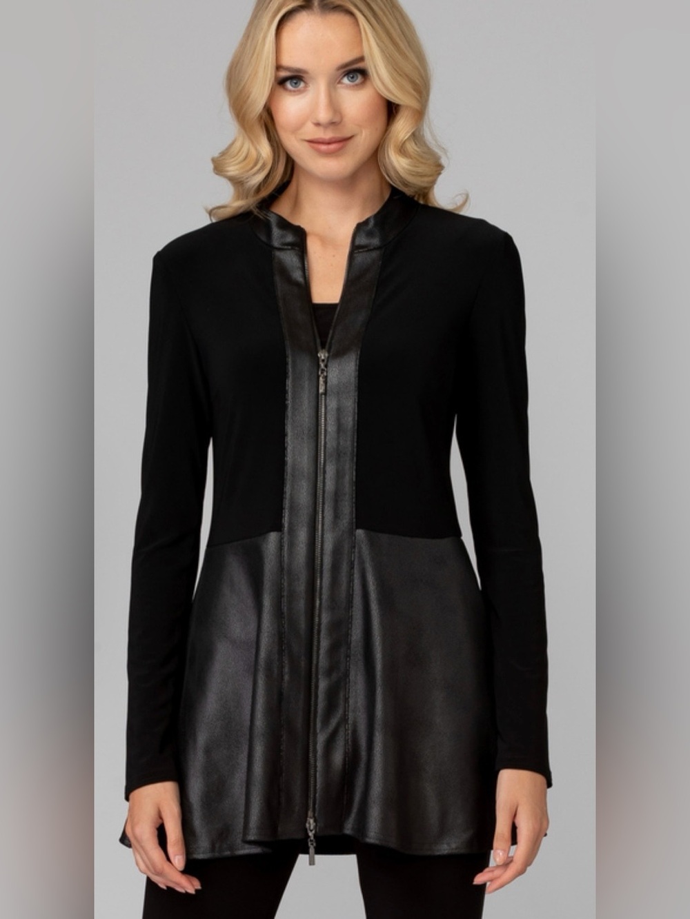 Joseph Ribkoff Faux Leather Zip Front Fit and Flare Tunic Jacket 6 Black Peplum